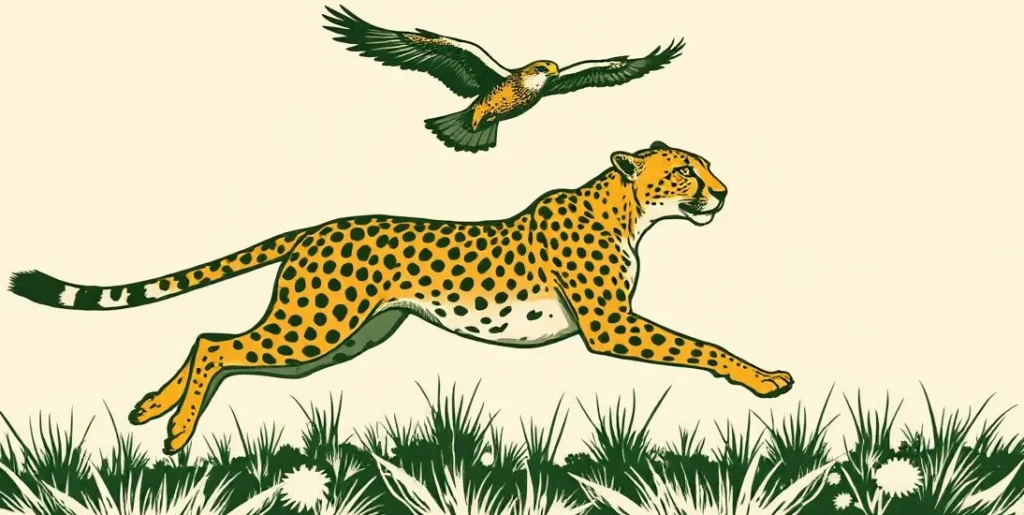 Illustration of a cheetah sprinting across the savanna as a falcon dives