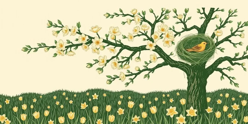 Illustration of cherry blossoms over a meadow of tulips and daffodils