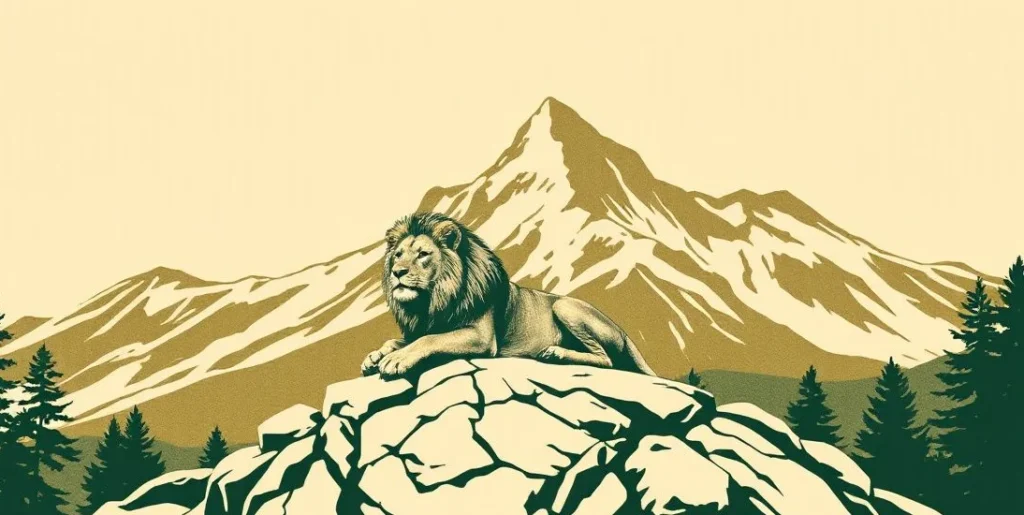 Illustration of a lion resting on a rocky outcrop before tall mountains