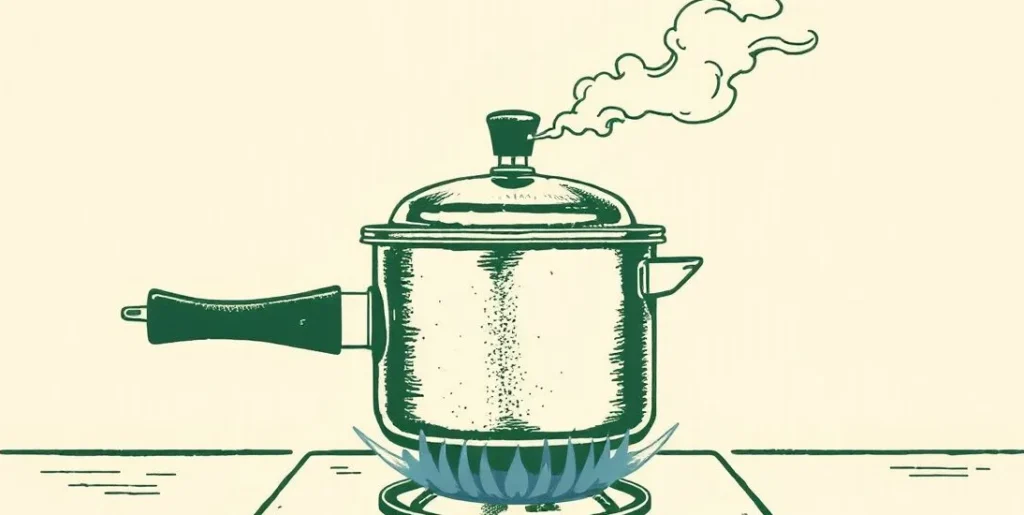 Illustration of a pressure cooker whistling over a gas flame with steam bursting out