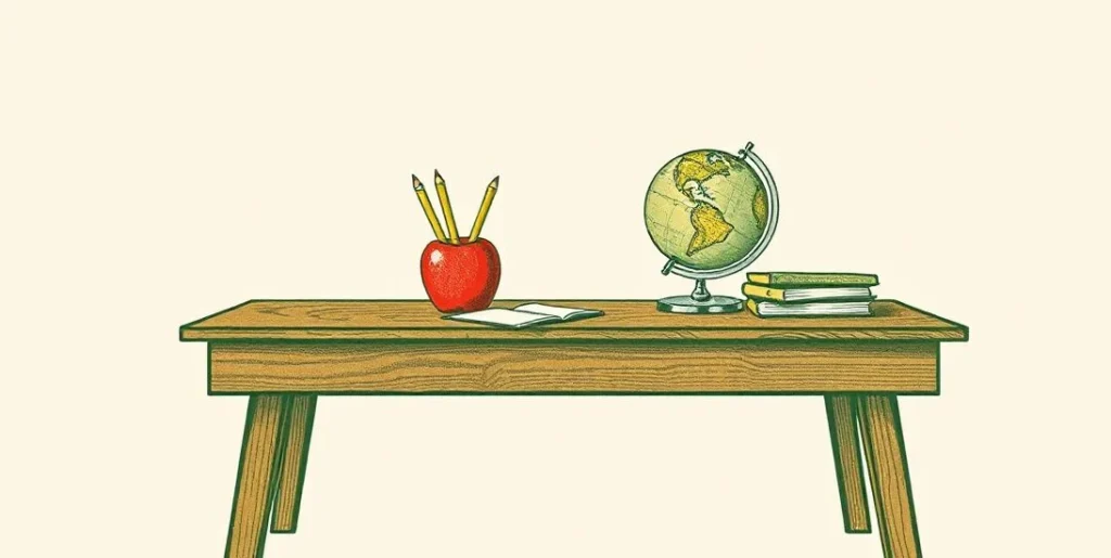 Illustration of a school desk with an apple, pencils, a globe and books
