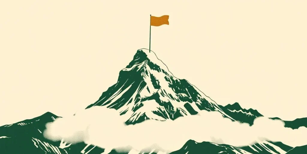 Illustration of a flag planted on a mountain summit above the clouds