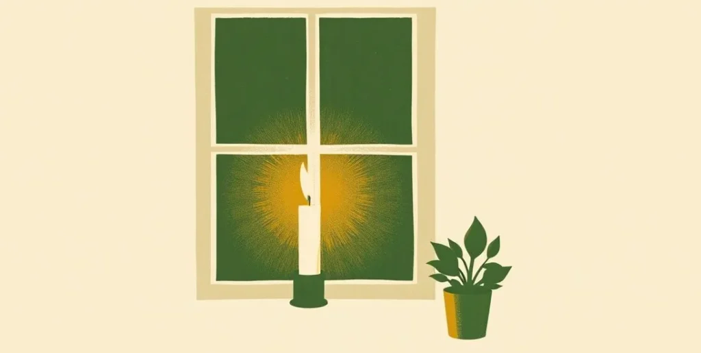 Illustration of a single candle glowing in a window at dusk beside a small plant