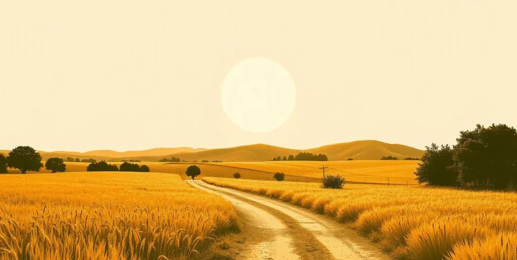 Illustration of a blazing sun over wheat fields and a hazy dusty road