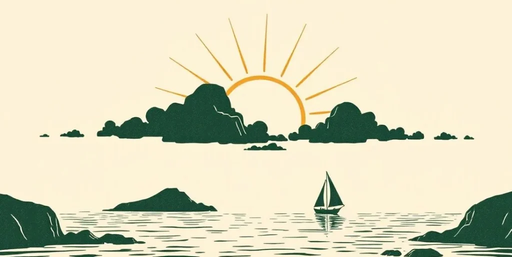 Illustration of the sun setting over calm water with a lone sailboat