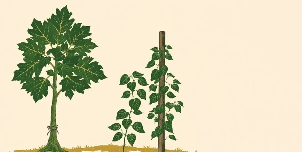 Illustration of a young tree tied to a stake beside a bean trellis