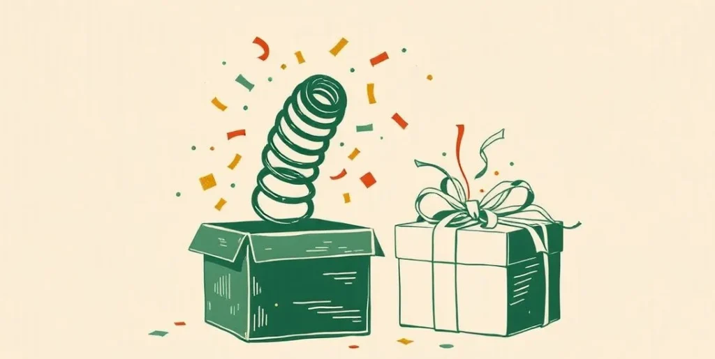 Illustration of a spring bursting from a toy box beside a gift box spilling confetti