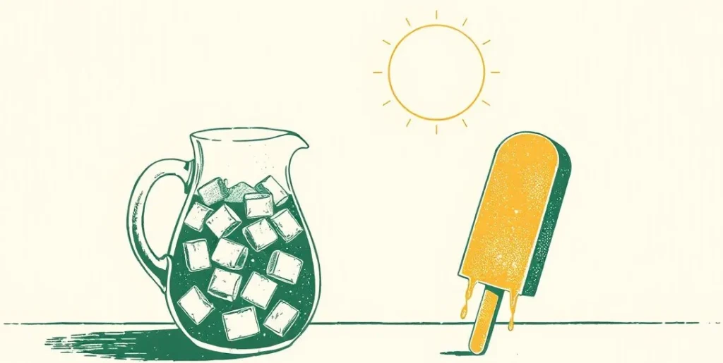 Illustration of a pitcher of ice water beaded with condensation beside a melting ice pop