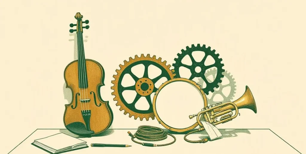 Illustration of interlocking brass gears beside a violin, drum and trumpet