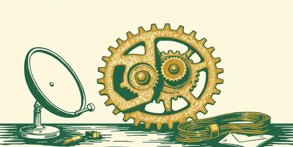 Illustration of interlocking brass gears beside a small satellite dish and a coil of copper wire