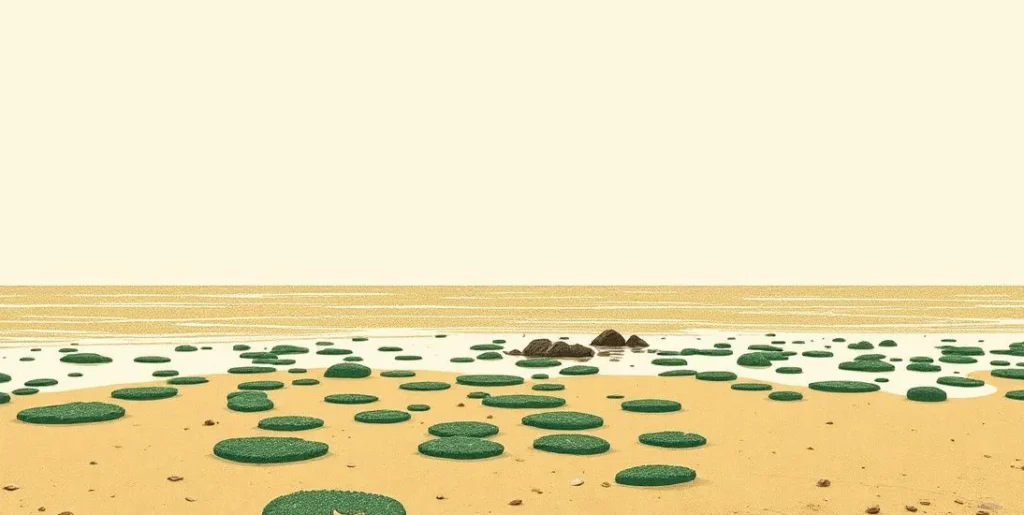 Illustration of a low-tide shoreline with tide pools, starfish and shells