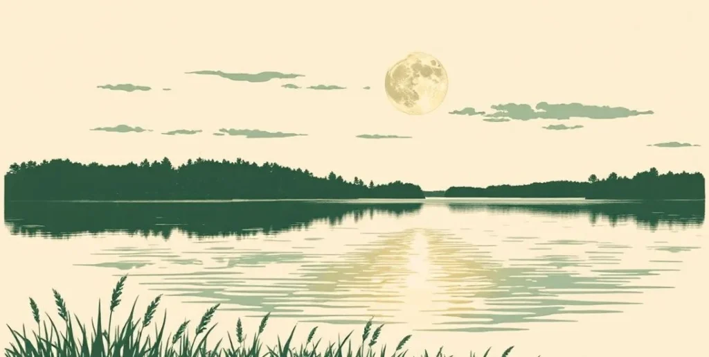 Illustration of a full moon reflected in a still lake lined with reeds