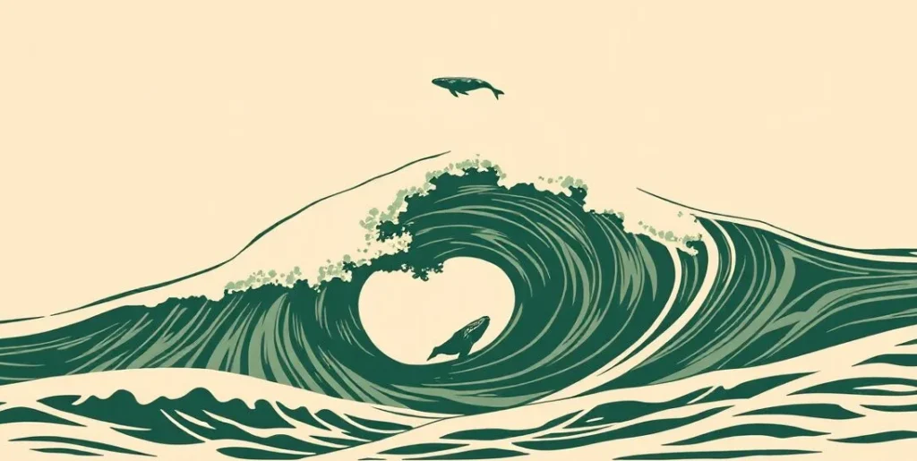 Illustration of a curling ocean wave with a whale breaching in the distance