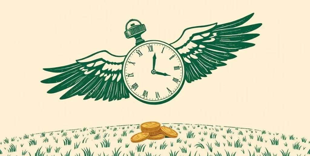 Illustration of a winged clock flying over a field beside gold coins