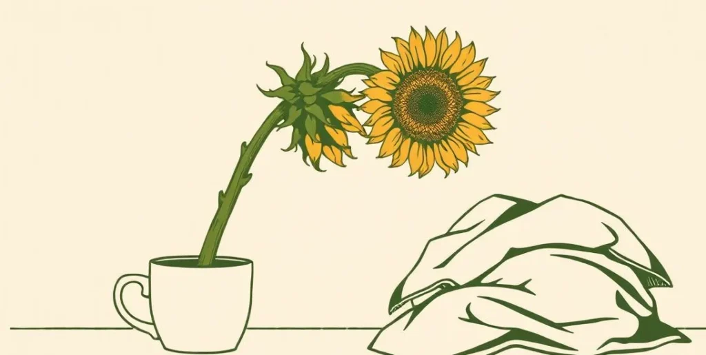 Illustration of a wilting sunflower beside an empty coffee cup and pillow