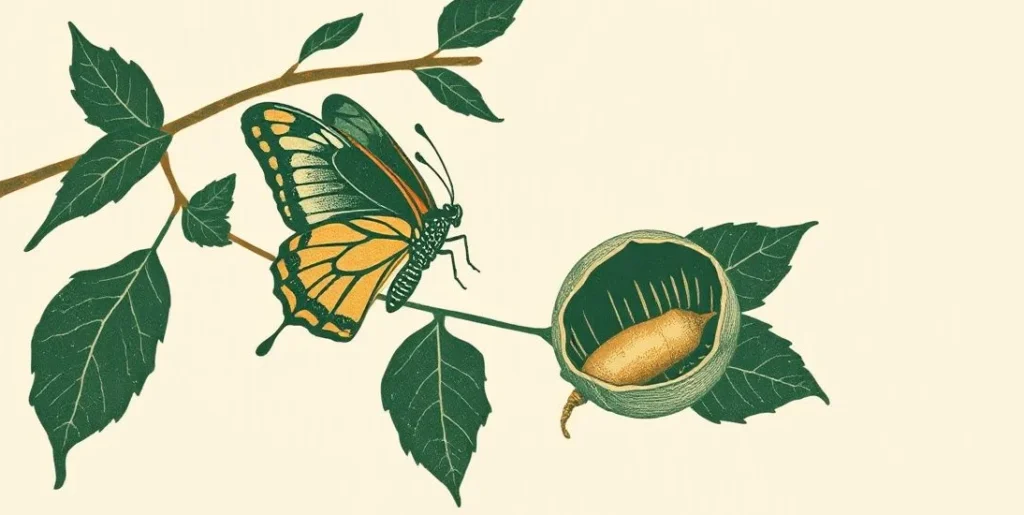 Illustration of a butterfly emerging from its chrysalis on a leafy branch