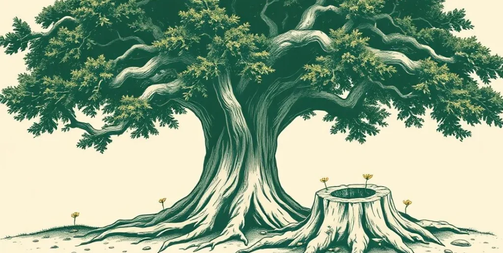 Illustration of a spreading tree with deep roots, seedlings and a cut stump