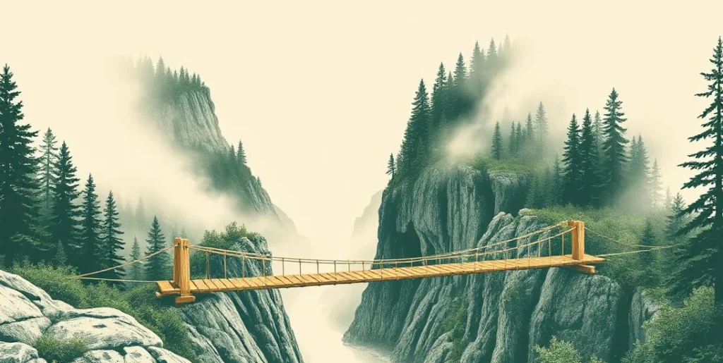 Illustration of a rope bridge spanning a misty gorge between forested cliffs