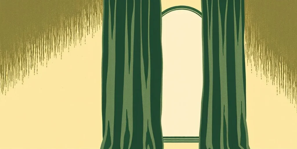 Illustration of a curtain drawn back to reveal a glowing mirror