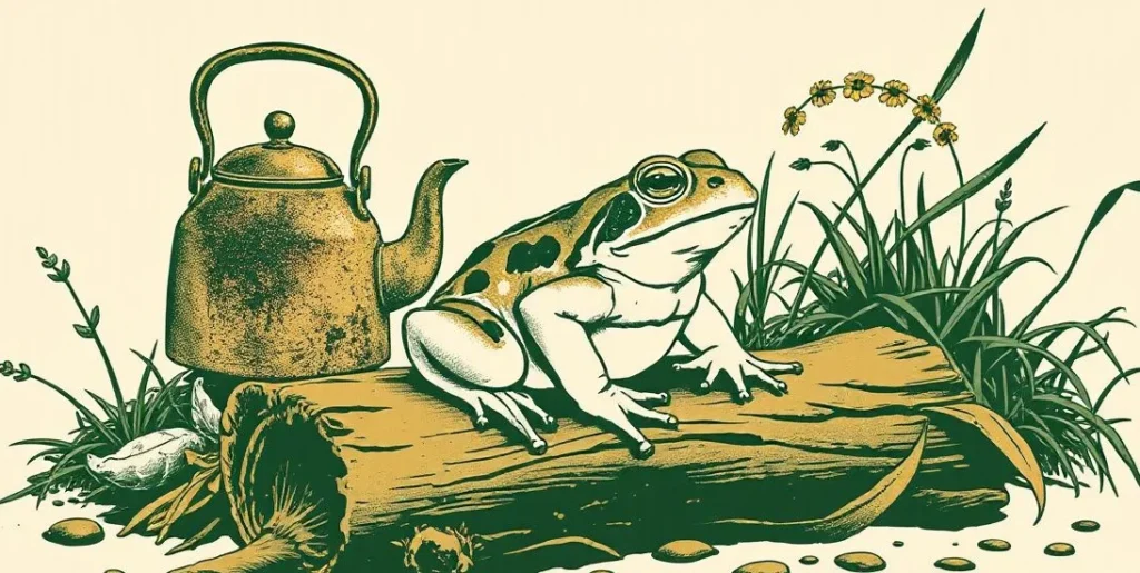 Illustration of a warty toad on a muddy log beside a rusted kettle