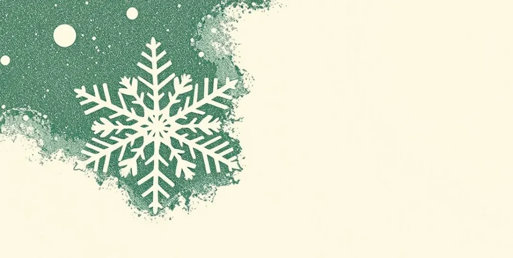 Illustration of a single intricate snowflake against a dark winter sky