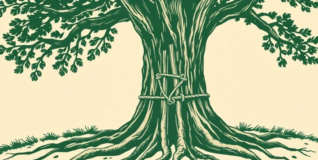 Illustration of a bundle of sticks tied together beneath an oak tree