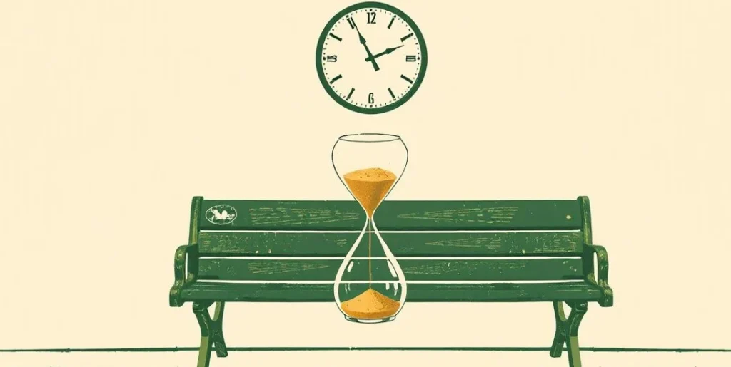 Illustration of an hourglass on a train platform bench beneath a plain clock