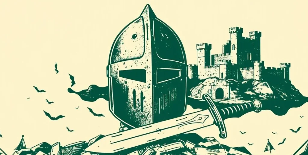 Illustration of a battered helmet and broken sword on a smoky battlefield