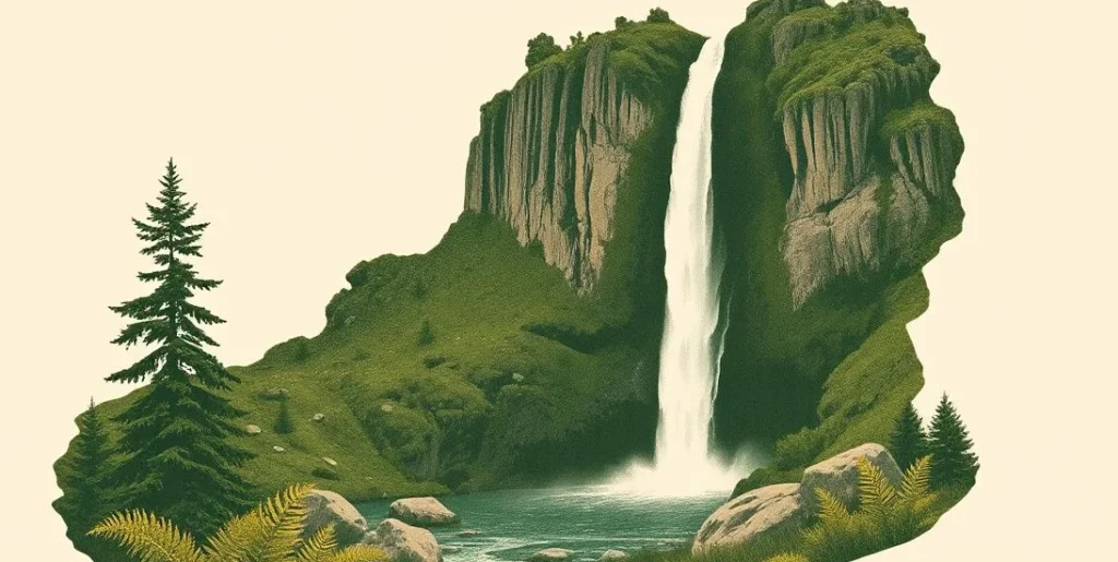 Illustration of a tall waterfall pouring over mossy cliffs into a misty pool