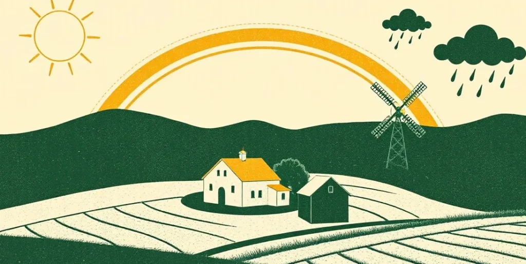 Illustration of a farmhouse under half sunshine, half rain, with a rainbow