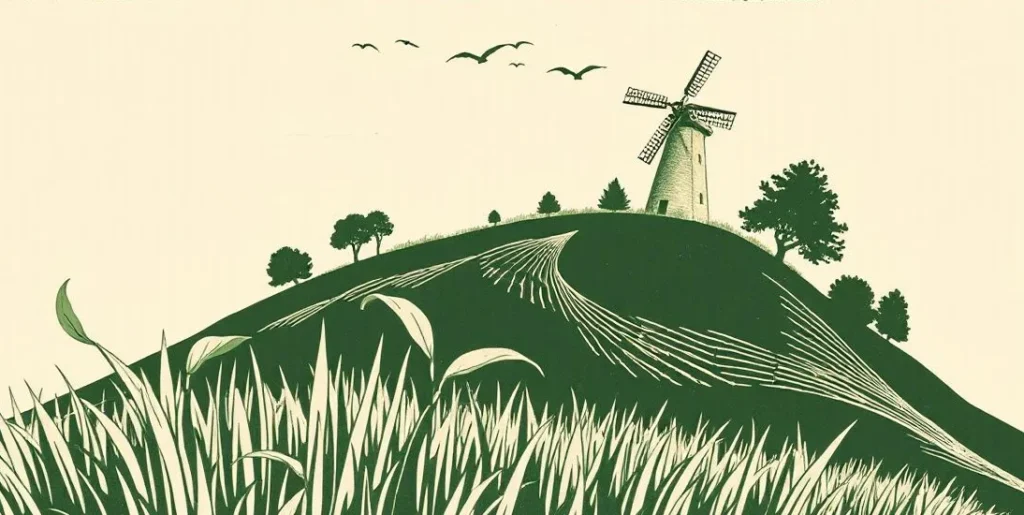 Illustration of wind bending grass and trees on a hillside beside a windmill