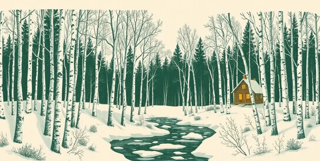 Illustration of a snowy birch forest at dusk with a frozen stream and cabin