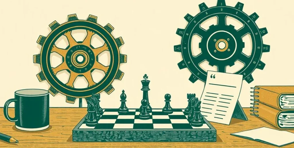 Illustration of a chessboard beside brass gears and a mug on a desk