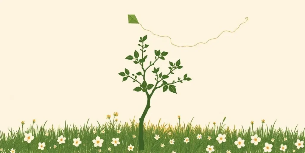 Illustration of a young sapling in a spring meadow with a kite overhead
