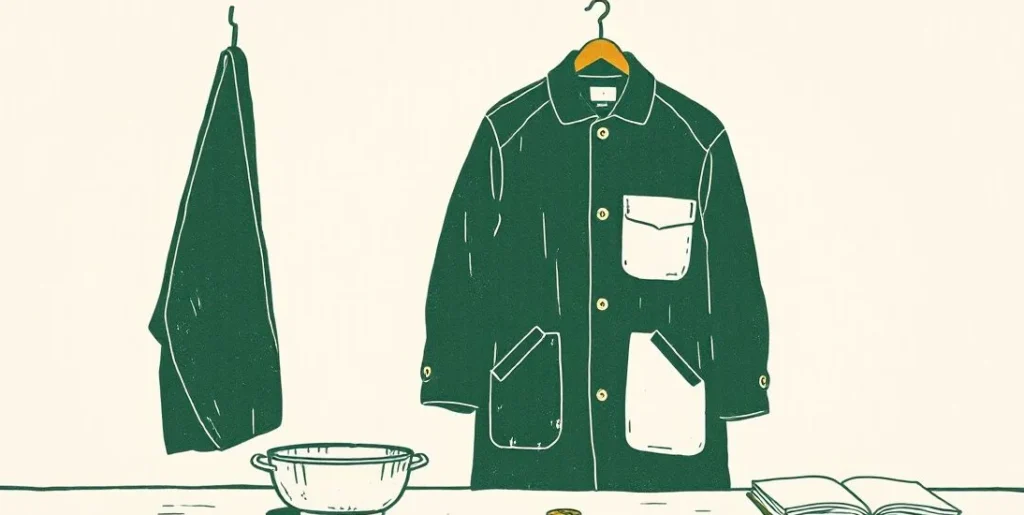 Illustration of a patched coat beside an empty tin bowl and a coin