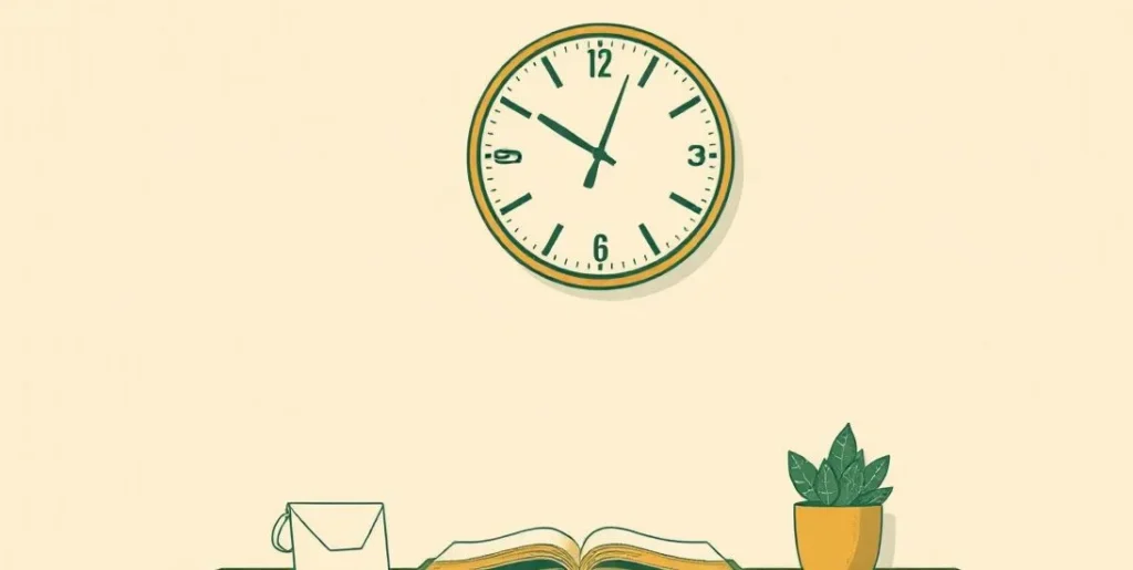 Illustration of a plain wall clock above a desk with a closed planner