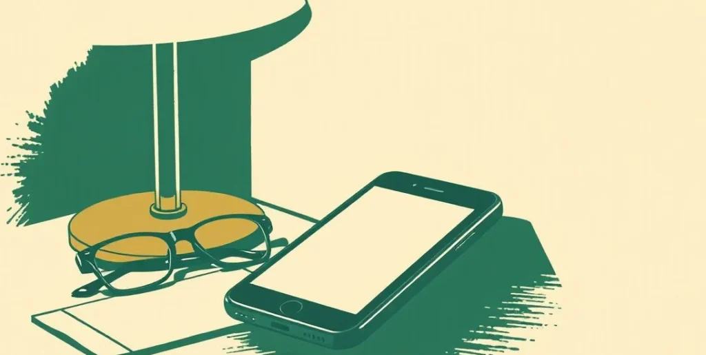 Illustration of a smartphone with a glowing blank screen on a nightstand