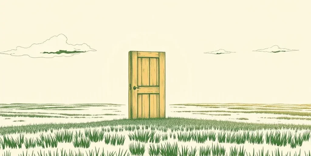 Illustration of a lone door standing in an empty field under a cloudy sky