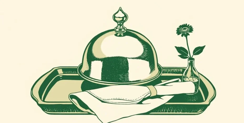 Illustration of a silver cloche on a serving tray beside a single flower