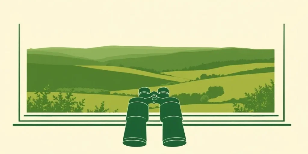 Illustration of binoculars on a windowsill overlooking a green valley