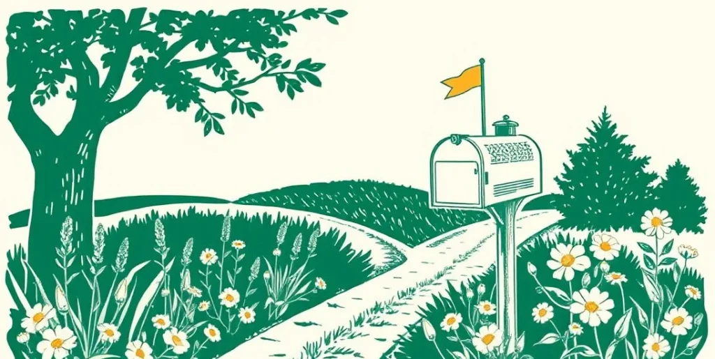 Illustration of a mailbox with its flag raised at the end of a garden path