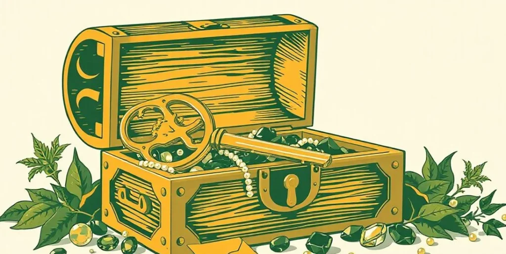 Illustration of a gold key resting on a treasure chest of gems