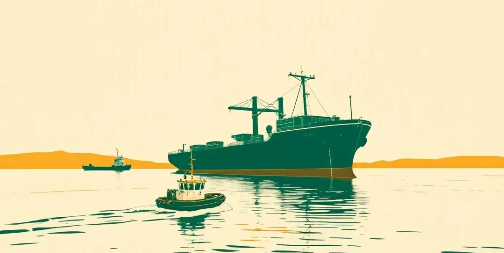 Illustration of a tugboat guiding a large ship into a harbor