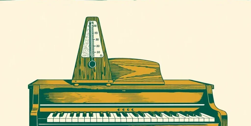 Illustration of two metronomes swinging in unison on top of a piano