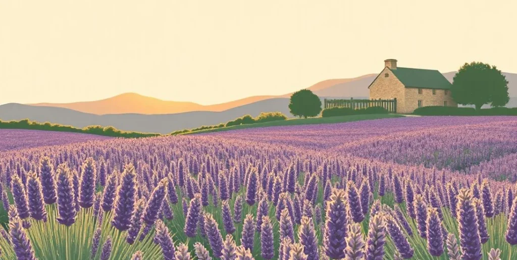 Illustration of a lavender field at golden hour with a stone cottage