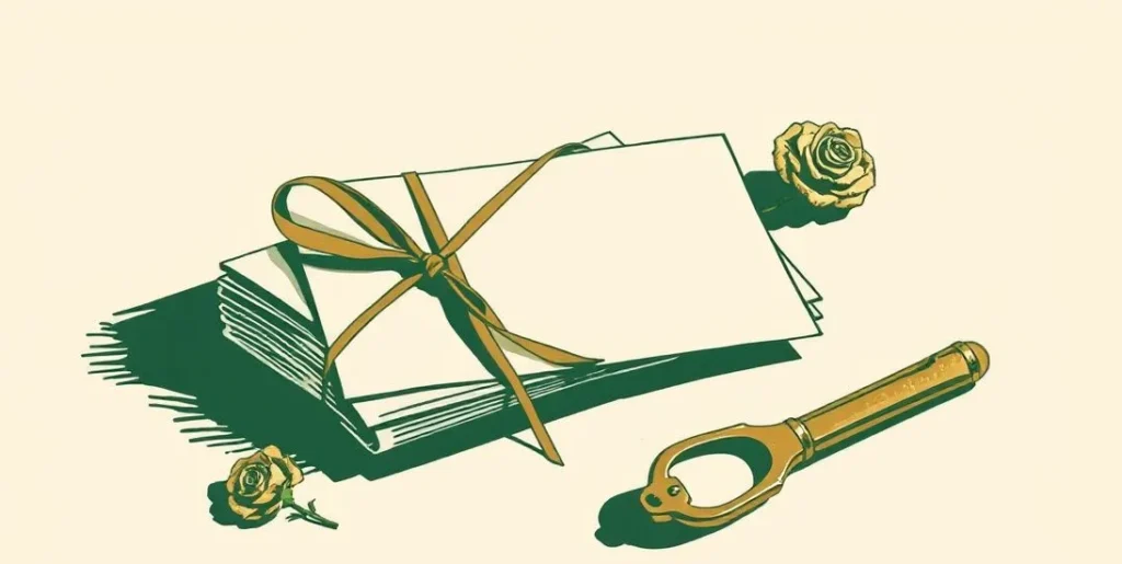 Illustration of ribbon-tied letters beside a brass letter opener and a dried rose