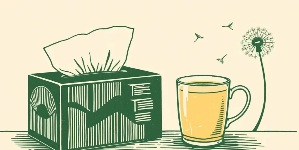 Illustration of a tissue box beside lemon tea and a dandelion puff
