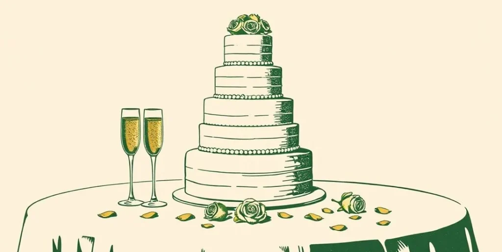 Illustration of a tiered wedding cake beside two champagne flutes and rose petals