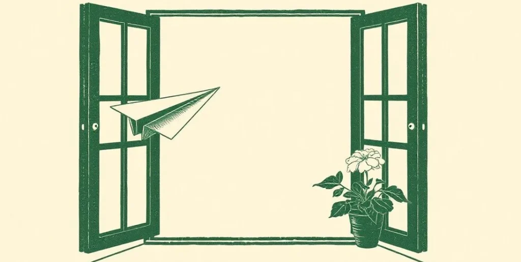 Illustration of a paper airplane gliding toward an open window