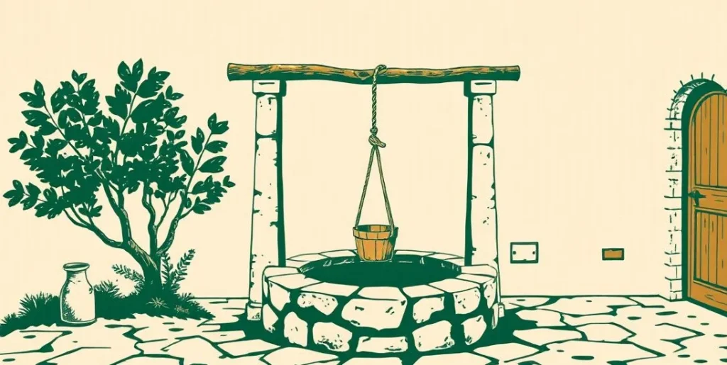 Illustration of a deep stone well with a bucket hanging from a rope